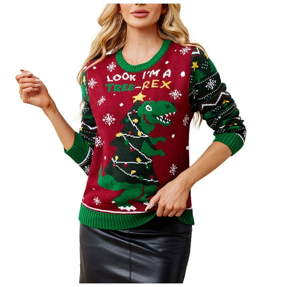 Xmyrz Women'S Sweaters Christmas Pullover Sweater Dinosaur Snowflake Print Long Sleeve Relaxed Fit Cute Sweaters
