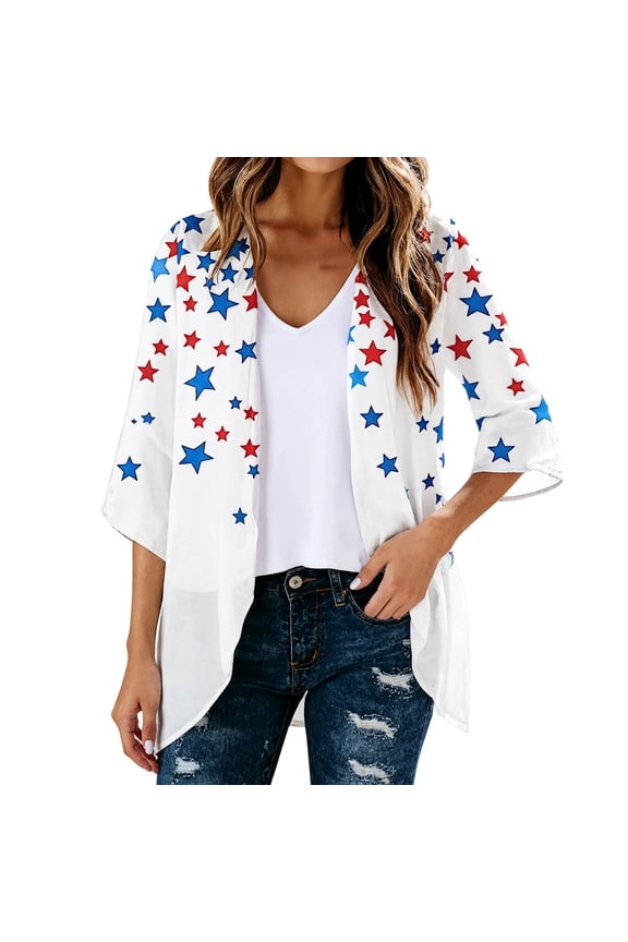 Women Short Sleeve Cardigans Summer American Flag Print Loose Tops Lightweight Front Open Casual Clothes White XXL