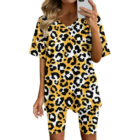 Xmyrz Women Shorts Sets Outfits Elastic Wasit Sports Leopard Print Short Sleeve Fitness Yoga V-Neck Going Out Outfit Clothing Suits