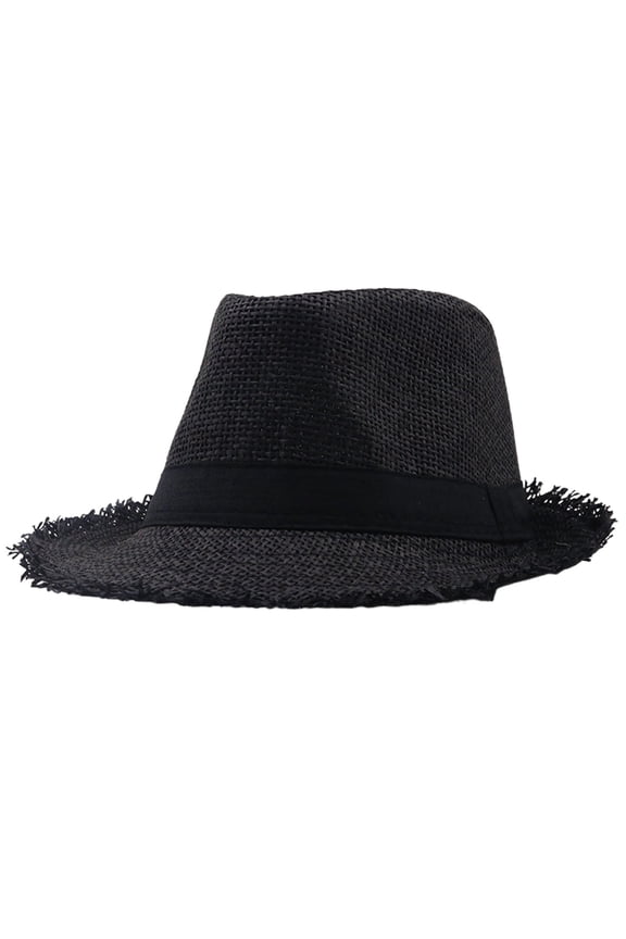 Women Straw Fedora Hat with Raw Edge Beach Vacation Wide Brim Breathable Casual Jazz Cap Summer Sun Protection Black