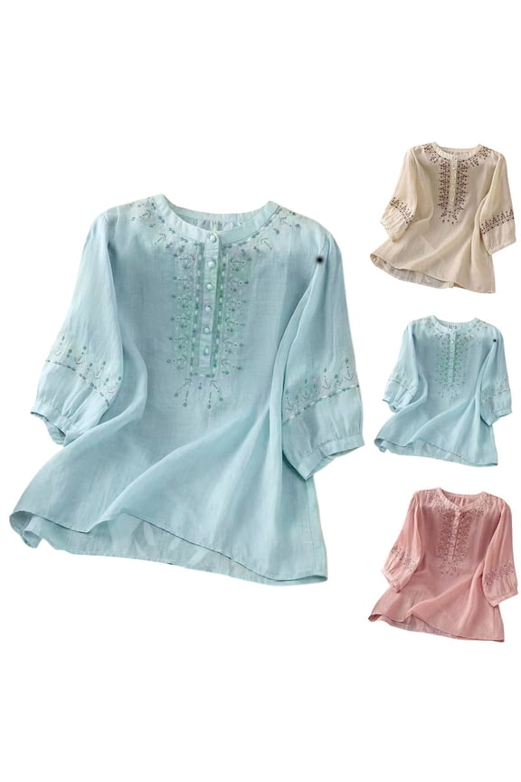 Women's Peasant Tops 3/4 Length Sleeve Embroidered Retro Ethnic Temperament Crewneck Button Shirts Summer Loose Slim Top