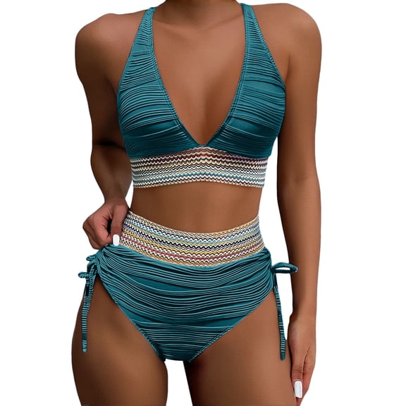 Xmyrz Womens Bathing Suits Tankinis High Waisted Seaside Color Block Relaxation Two Piece Drawstring Swimwear Young Adult Swimsuits