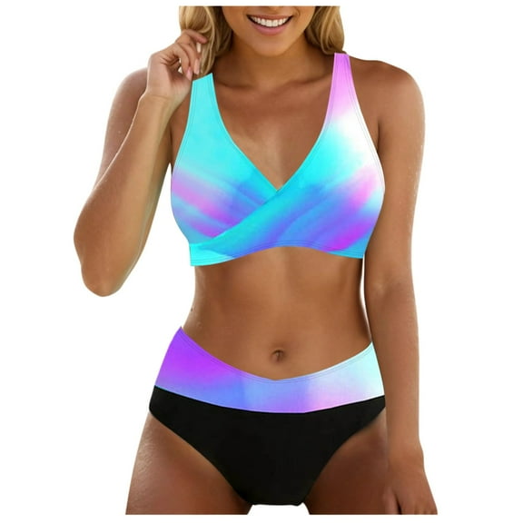 Xmyrz Womens Bathing Suits Tankinis Large Size Split Summer Stylish Holidays Two Piece Fitted Color Patchwork Swimwear Young Adult Swimsuits