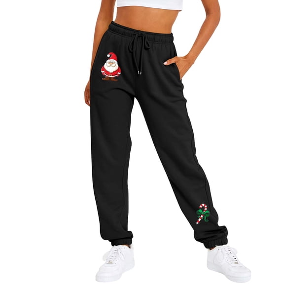 Xmyrz Womens Casual Pants Sports Lace Up Pocket Christmas Print Sweatpants Comfort Outdoor Elastic Waist Lounge Pants Casual Trouser