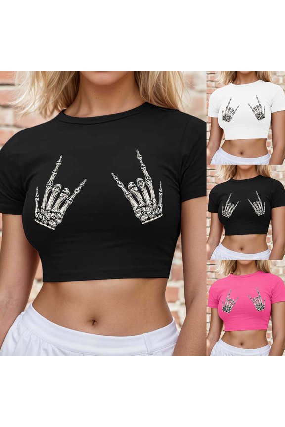 Womens Cropped Tops Crew Neck Short Sleeve Colorful Skeleton Claw Print Slim Fit Rock T-Shirts