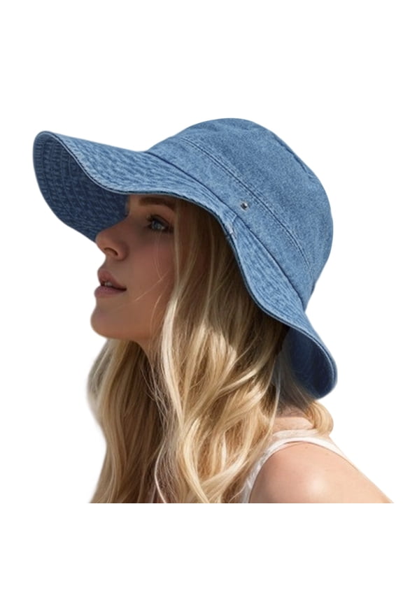 Womens Denim Cowboy Hat Face Shield Wide Brim UV Protection Outdoor Summer Sun Cap Breathable Adjustable Light Blue