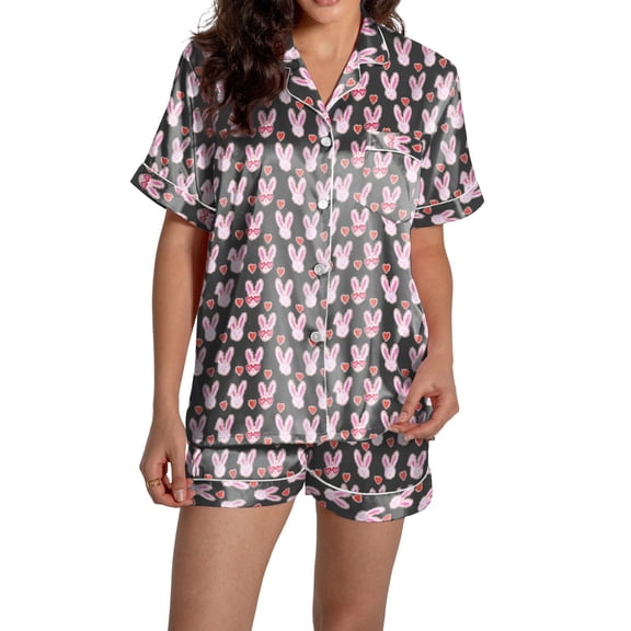 Xmyrz Womens Fall Pajamas Sets Lightweight Bunny Short Sleeve Button Down Print Loungewear Shorts Set Likable Lapel Pj'S Sleepwear Outfit