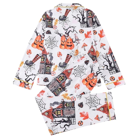 Xmyrz Womens Fall Pajamas Sets Pants Set Halloween Long Sleeve Pumpkin Printed Softable Loungewear Ghost Turn Down Collar Pj'S Sleepwear Outfit