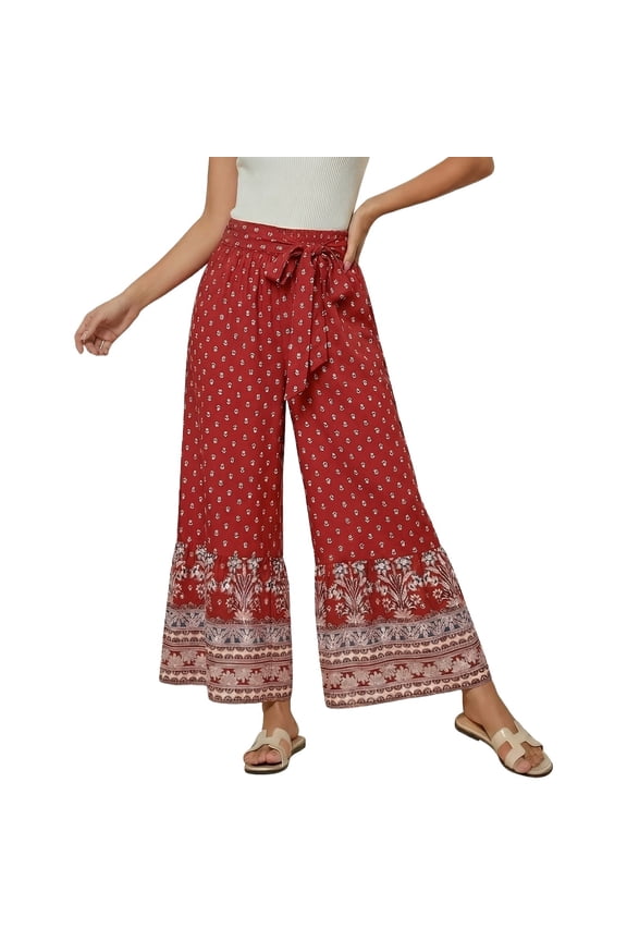 Womens Floral Print Boho Wide Leg Pants High Waist Drawstring Loose Maxi Trousers Fall Red XXXL