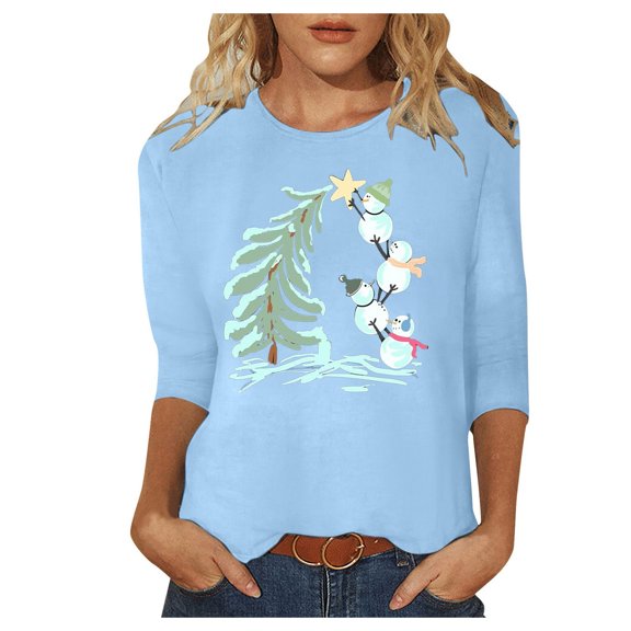Xmyrz Womens Graphic T Shirts Christmas Three-Quarter Sleeves T-Shirt Snowman Pattern Suitable Thin Casual Tops Casual Blouses