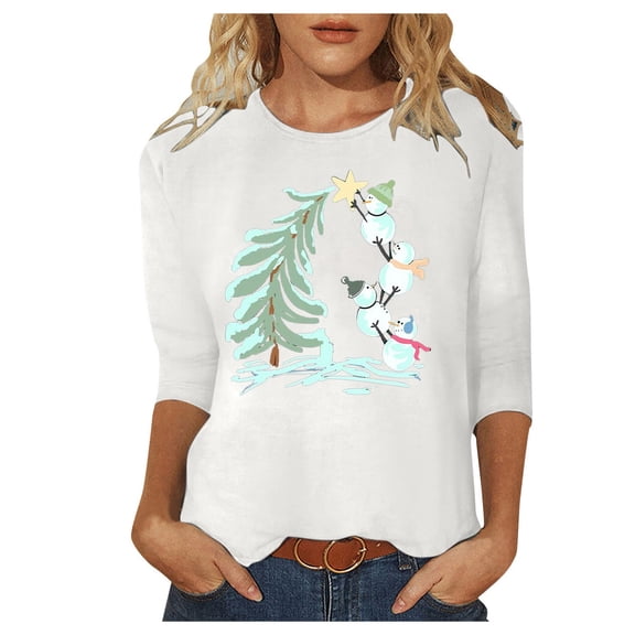 Xmyrz Womens Graphic T Shirts Christmas Three-Quarter Sleeves T-Shirt Snowman Pattern Suitable Thin Casual Tops Casual Blouses