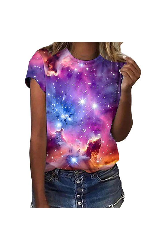 Womens Graphic T Shirts Going Out Tops Casual Crewneck Galaxy Starry Sky Suitable Holiday Funny T Shirts Cute Tops Casual Tops Blouse