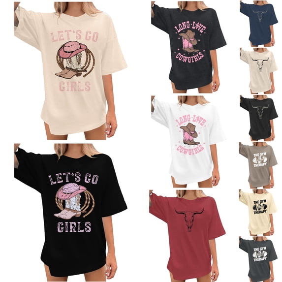 Xmyrz Womens Graphic T Shirts Ox-Head Print Short Sleeve Round Neck Going Out Soble Versatile Casual Tops Casual Blouses