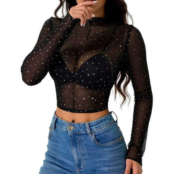 Xmyrz Womens Graphic T Shirts Stand Collar Long Sleeve Transparent Mesh Sequin T-Shirt Breathable Casual Tops Casual Blouses