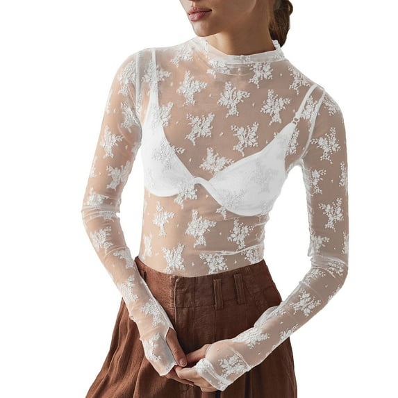 Xmyrz Womens Graphic T Shirts Transparent Long Sleeve Mesh Lace Crewneck Breathable Slim Fit Cool Casual Tops Casual Blouses