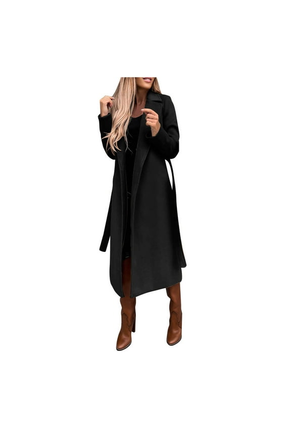 Womens Jacket Cozy Holiday Thin Long Sleeve Woolen Coat Belt Minimalist Leisure Top Coat Outerwear Jacket