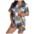 thumbnail image 1 of Xmyrz Womens Pajama Sets 2Pc Short Sleeve Shorts Set Casual Halloween Pumpkin Button Up Ghost Print Silk Satin Sleepwear Pj Clothes Sets, 1 of 7