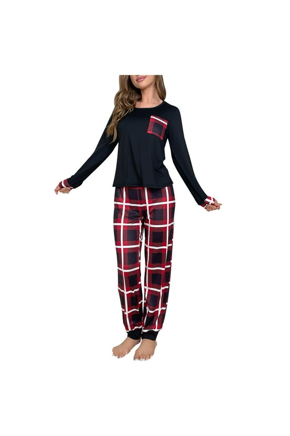 Xmyrz Womens Pajama Sets Winter Skin-Friendly Long Sleeve Checkered Print Nightdress Casual Sleepwear Pj Clothing Suits