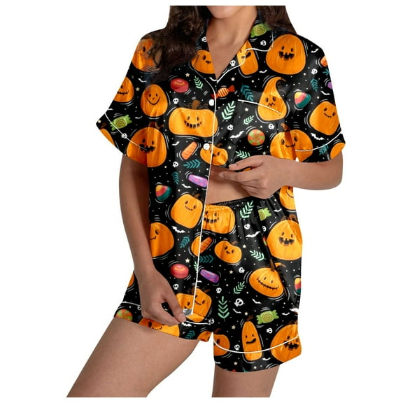 Xmyrz Womens Pajamas Sets Outfit Sets Casual Halloween Pumpkin Ghost Print Silk Satin Short Sleeve Button Up Shorts Set Sleepwear Pj Clothes Sets
