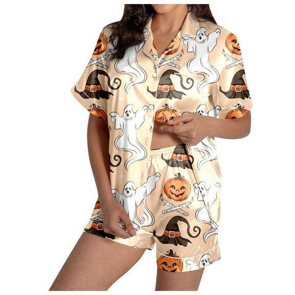 Xmyrz Womens Pajamas Sets Outfit Sets Casual Halloween Pumpkin Ghost Print Silk Satin Short Sleeve Button Up Shorts Set Sleepwear Pj Clothes Sets