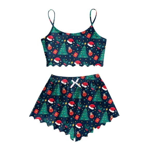 Xmyrz Womens Pajamas Sets Outfit Sets Loungewear Skin-Friendly Stylish Lovely Sleeveless Christmas Cartoon Print Sleepwear Pj Clothing Suits