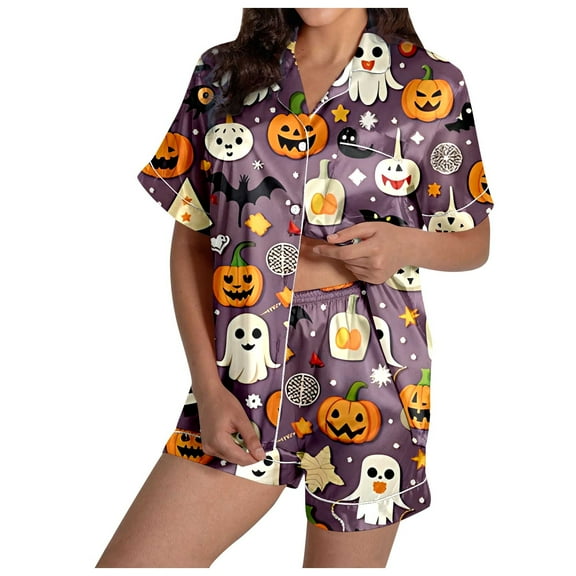 Xmyrz Womens Pajamas Sets Outfit Sets Pumpkin Ghost Print Button Up Shorts Set Casual Halloween Silk Satin Short Sleeve Sleepwear Pj Clothing Suits