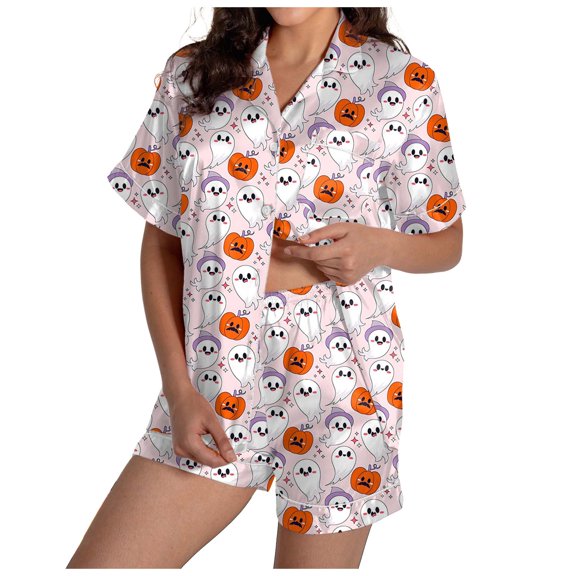 Xmyrz Womens Pajamas Sets Satin Silk Halloween Print Short Sleeve Loungewear Button Down Pj'S Sleepwear Outfit
