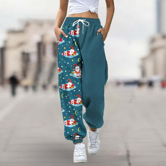 Xmyrz Womens Pants Elastic Lace Up Buched Sports Christmas Santa Claus Printed Leisure Sweatpants Lounge Pants Casual Trouser