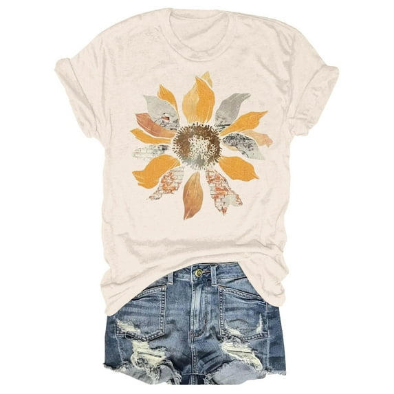 Xmyrz Womens T Shirts Loose Fit Cotton Suitable Breathable Short Sleeved Crew Neck Floral Printed Casual Tops Casual Blouses