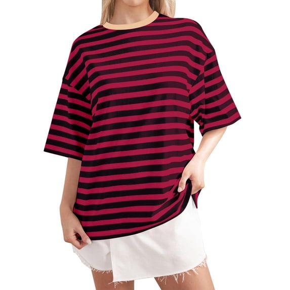 Xmyrz Womens T Shirts Loose Fit Short Sleeve Homewear Minimalist Striped Round Neck Comfortable Casual Tops Casual Blouses