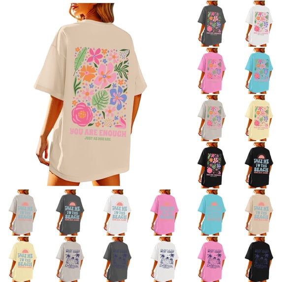 Xmyrz Womens T Shirts Loose Fit Short Sleeve Letter Print Beach Cotton Vacation Loose Retro Thin Casual Tops Casual Blouses
