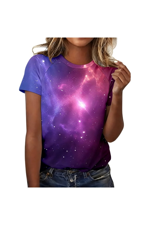 Womens Tops T Shirt Starry Sky Galaxy Thin Comfort Outgoing Drop Shoulder Funny T Shirts Cute Tops Casual Tops Blouse