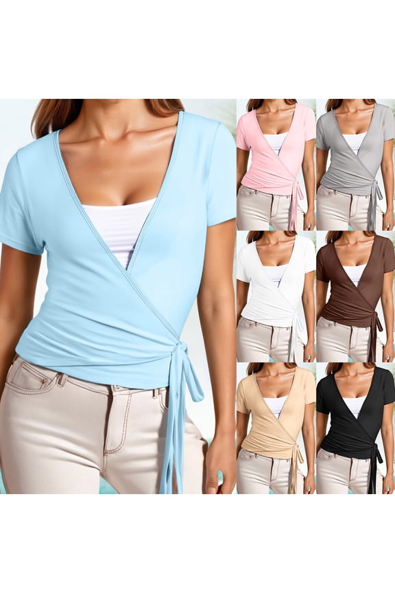 Wrap Tie Tops For Women Workout Running Yoga And Training Basic Shirts Beach School And Parties Slim Fit V Neck Short Sleeve Tees Y2K Coquette Blouses