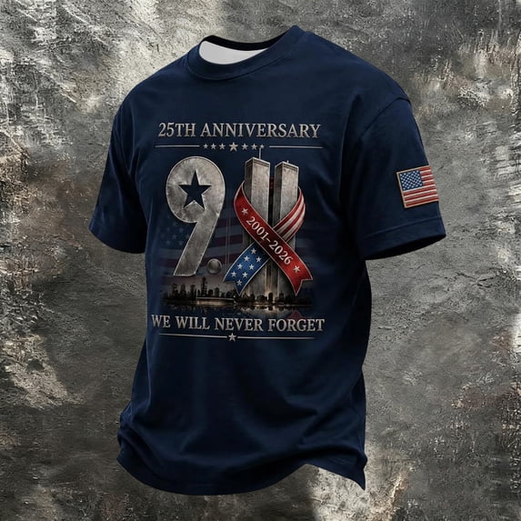 Xneal 911 25th Anniversary T-Shirt Casual Short Sleeve Print Never Forget 911 Multicolor Shirts for Men Size XL