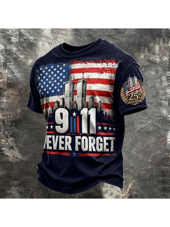 911 25th Anniversary T-Shirt Casual Short Sleeve Print Never Forget 911 Navy Shirts for Men Size XL