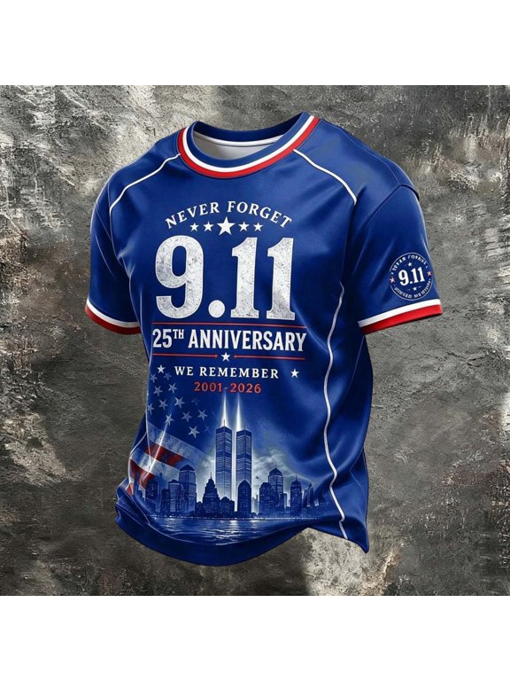 911 25th Anniversary T-Shirt Print Casual Never Forget 911 Short Sleeve Blue Shirts for Men Size XL
