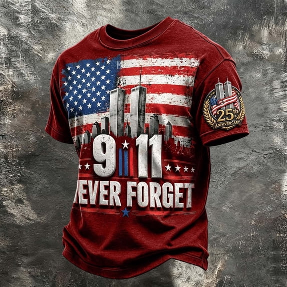 Xneal 911 25th Anniversary T-Shirt Print Casual Never Forget 911 Short Sleeve Red Shirts for Men Size 2XL