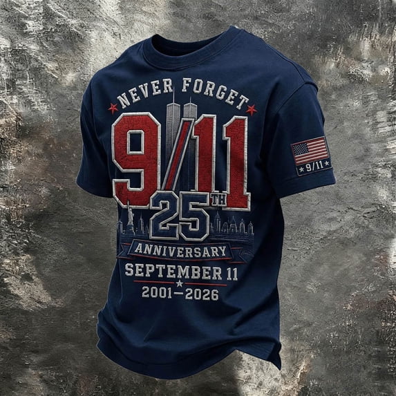 Xneal 911 25th Anniversary T-Shirt Print Never Forget 911 Casual Short Sleeve Blue Shirts for Men Size 3XL