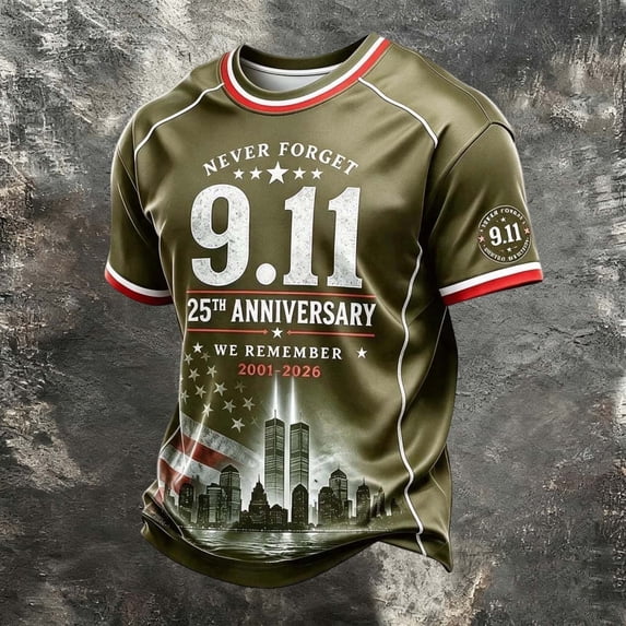 Xneal 911 25th Anniversary T-Shirt Short Sleeve Never Forget 911 Print Casual Green Shirts for Men Size S