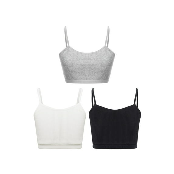 Xnihocha 3Pcs/Set Kids Girls Ribbed Bra Vest Spaghetti Straps Crop Top Solid Color Camisole Underwear Black&White&Grey L