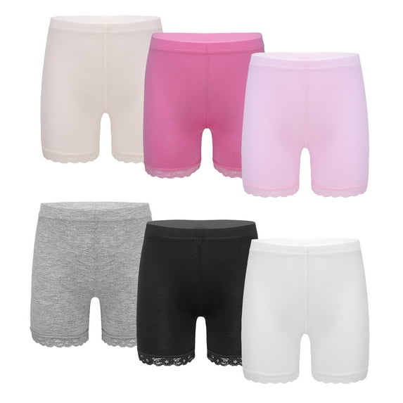 Xnihocha 6 Packs Girls Lace Trim Dance Safety Shorts Active Bike Shorts Under Dress Undershorts Black&White&Grey&Pink&Hot Pink&Nude 7-8