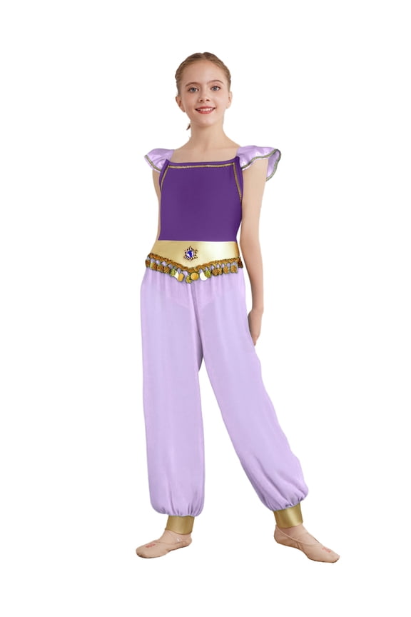 Arabian Dance Jumpsuits for Girls Rhinestone Patchwork Flying Sleeve Chiffon Leotard Purple 10