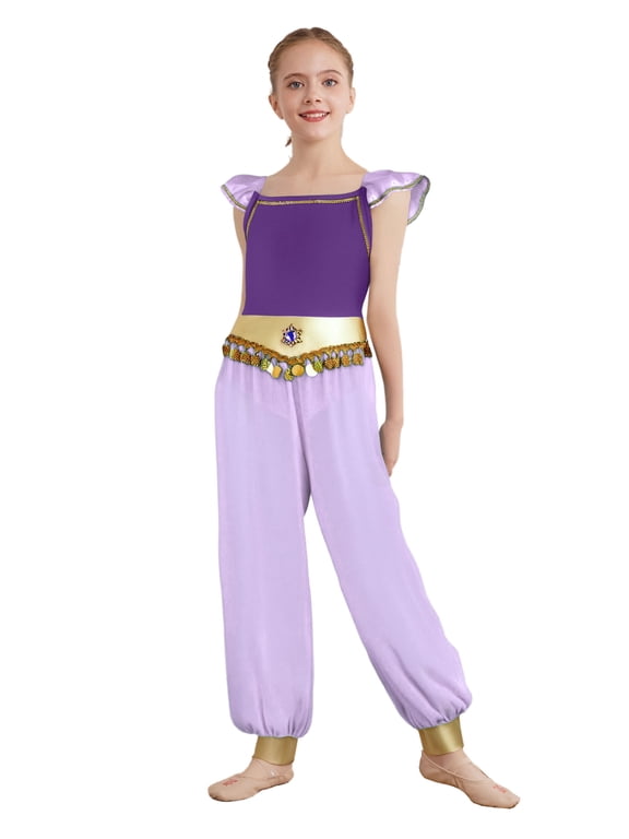 Arabian Dance Jumpsuits for Girls Rhinestone Patchwork Flying Sleeve Chiffon Leotard Purple 16