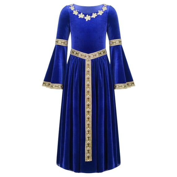 Xnihocha Big Girls Medieval Princess Maxi Dress Renaissance Long Bell Sleeve Vintage Retro Ball Gown Blue 6