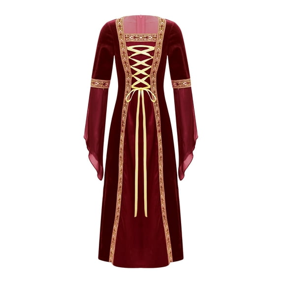 Xnihocha Big Girls Medieval Princess Maxi Dress Renaissance Long Bell Sleeve Vintage Retro Ball Gown Burgundy-A 10