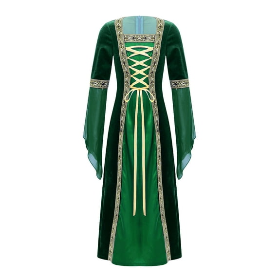 Xnihocha Big Girls Medieval Princess Maxi Dress Renaissance Long Bell Sleeve Vintage Retro Ball Gown Green-A 16