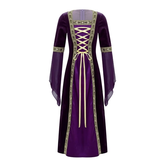Xnihocha Big Girls Medieval Princess Maxi Dress Renaissance Long Bell Sleeve Vintage Retro Ball Gown Purple-A 14