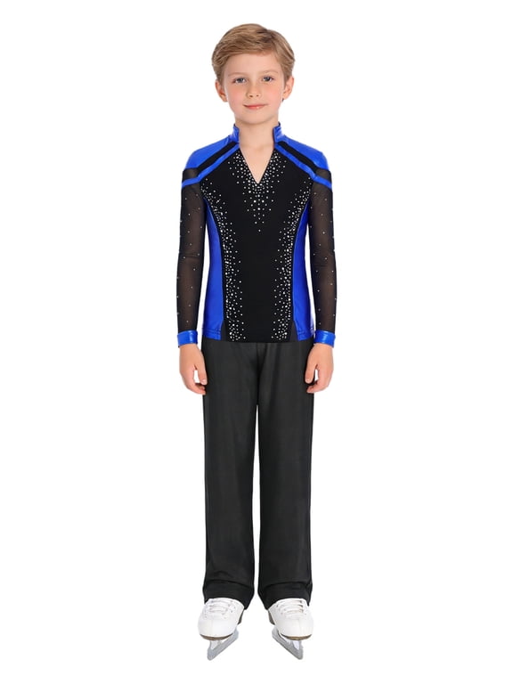 Boys Figure Ice Skating Jacket Tops with Pants Sets Kids Ice Skating Suits Long Sleeves Competitions Clothes Royal Blue+Black 8