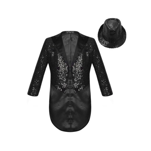Xnihocha Boys Girls Sequin Tailcoat Classic Fit Tuxedo Suit Jacket+Hat Magic Show Swallow-Tailed Disco Dance Black 10