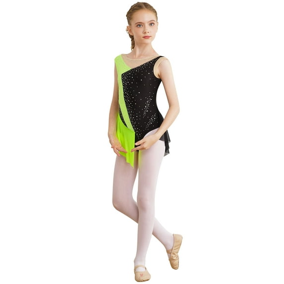 Xnihocha Figure Skating Dress for Girls Sleeveless Rhinestone Rhythmic Gymnastics Ballet Dance Leotard Fluorescent Yellow 16